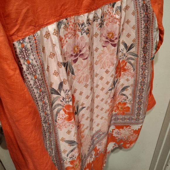 Karyn Seo Coral Linen & Floral Satin Long Sleeve Button Down Shirt Sz S Boho - Picture 7 of 7